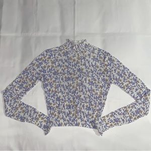 Zara Long Sleeve White & Purple Floral Print Shimmery See-Thru Turtleneck Blouse